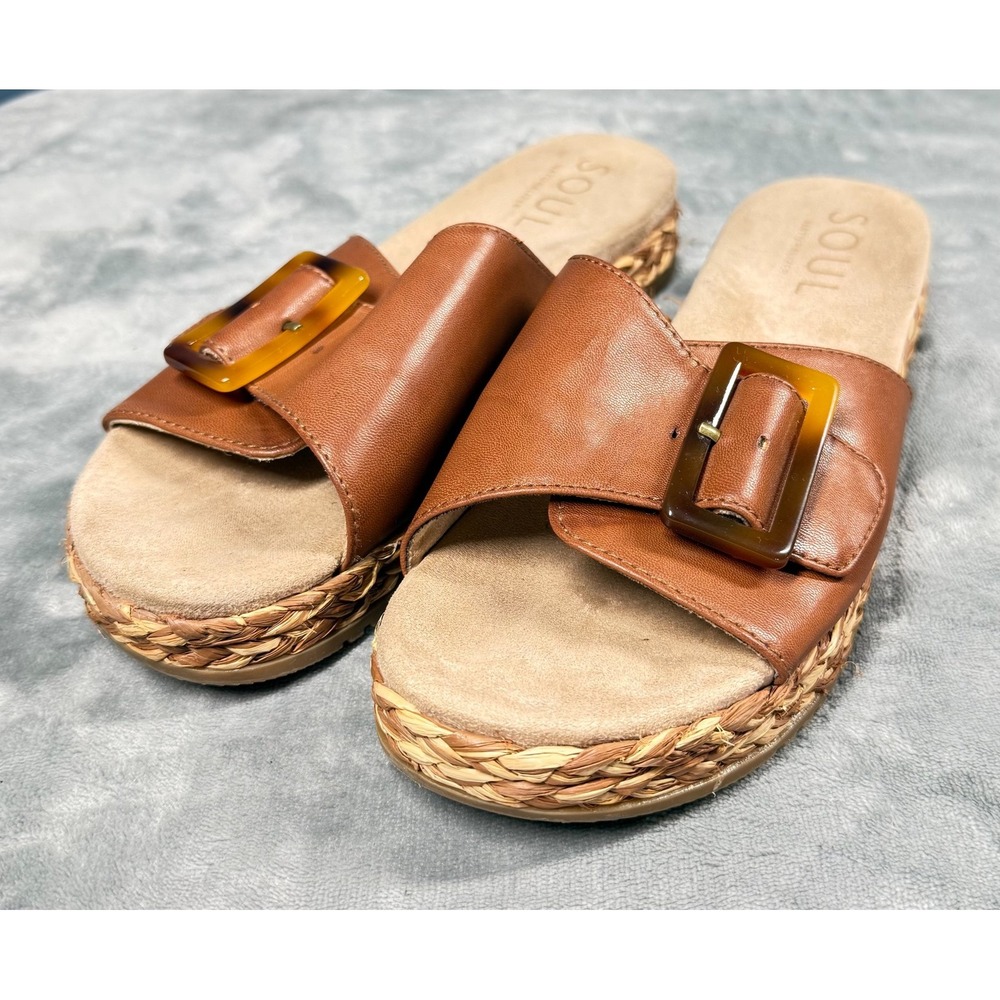 Soul Naturalizer Sandals Womens 10 Brown Buckle Raffia Wrap Slides